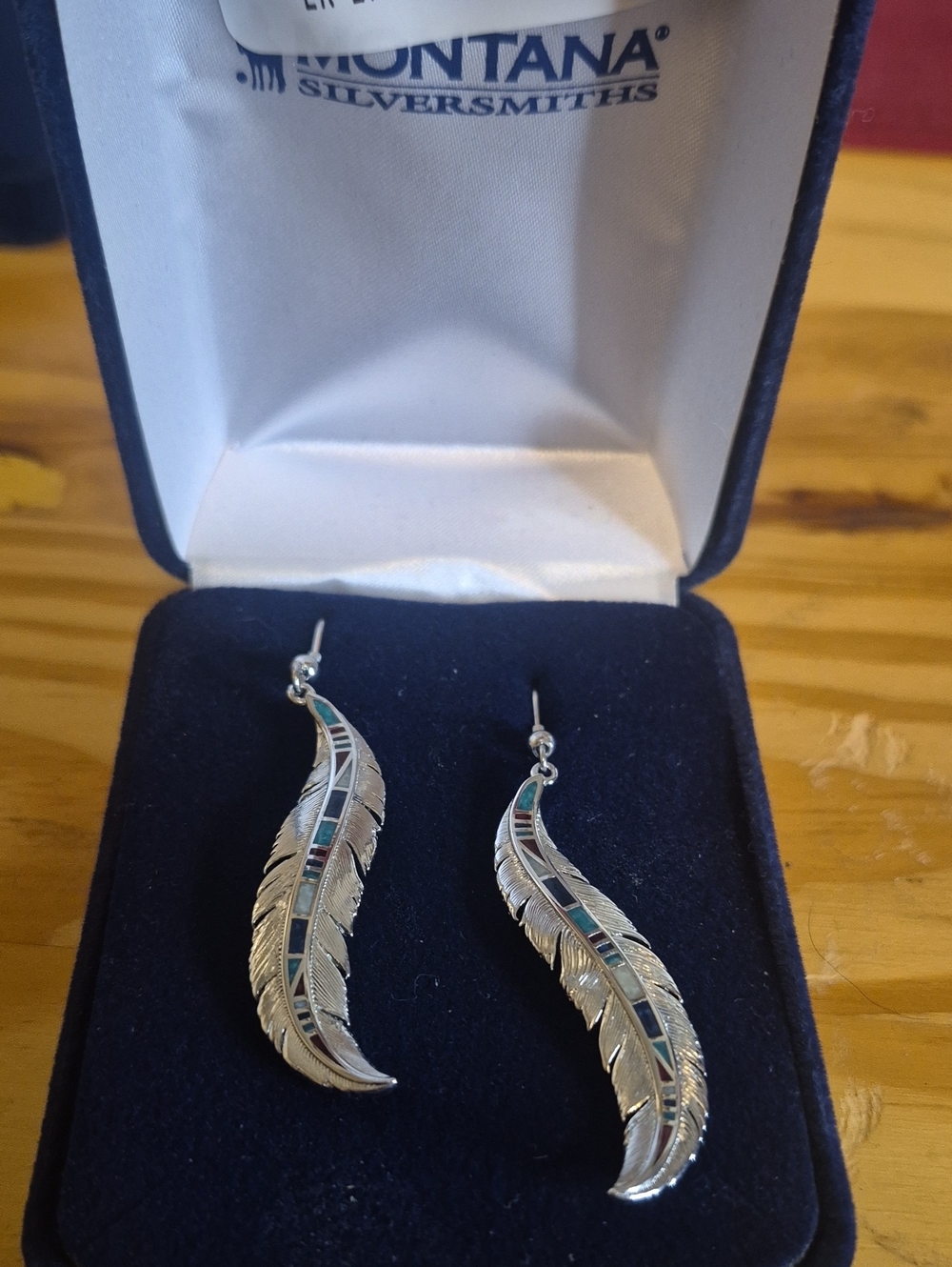 Montana Silversmiths Silver Feather Earrings with Turquoise and Dark Blue Inlay